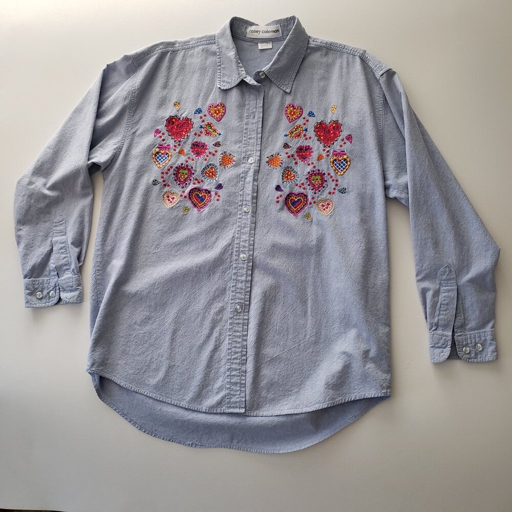 Casey Coleman Size L 100% Cotton Embroidered Hearts Denim Button Down Shirt - Picture 8 of 13